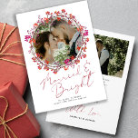 Married and Bright newlywed photo Christmas  Holiday Card<br><div class="desc">Minimalist simple elegant red Married and Bright hand lettered script Christmas holiday wedding newlywed card with a chic holy berry wreath personalized with custom 2 photos,  a pre-printed message,  and signature on both sides.</div>