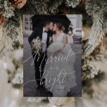 Married and Bright Overlay Photo Holiday Card<br><div class="desc">Elegant and stylish holiday vertical 2-photo card for the newlyweds celebrating their first Christmas together as husband and wife featuring an overlay hand lettered script that says "Married and Bright."</div>