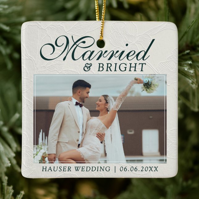 Married and Bright Photo Keepsake Wedding Ceramic Ornament (Capture the love from your wedding day with this Married and Bright Photo Keepsake Wedding Ornament!)