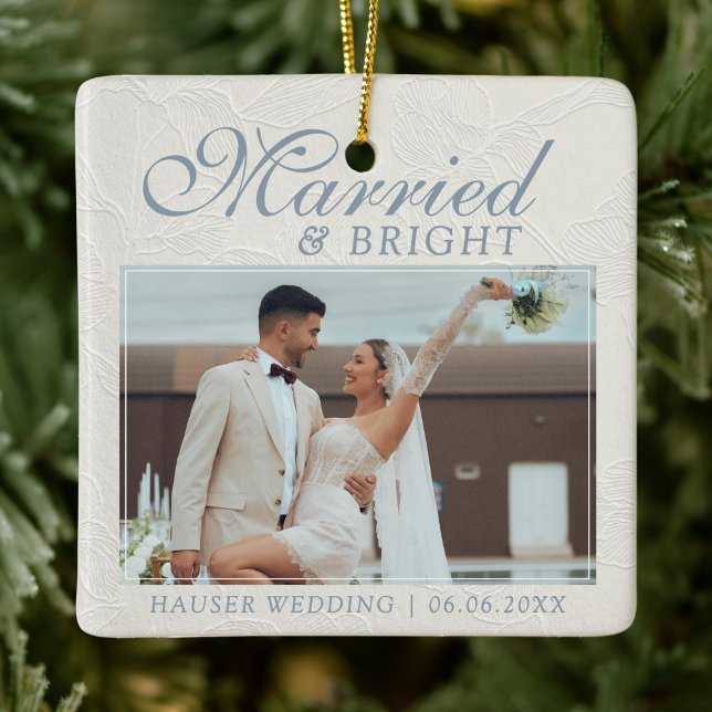 Married and Bright Photo Keepsake Wedding Ceramic Ornament (Capture the love from your wedding day with this Married and Bright Photo Keepsake Wedding Ornament!)