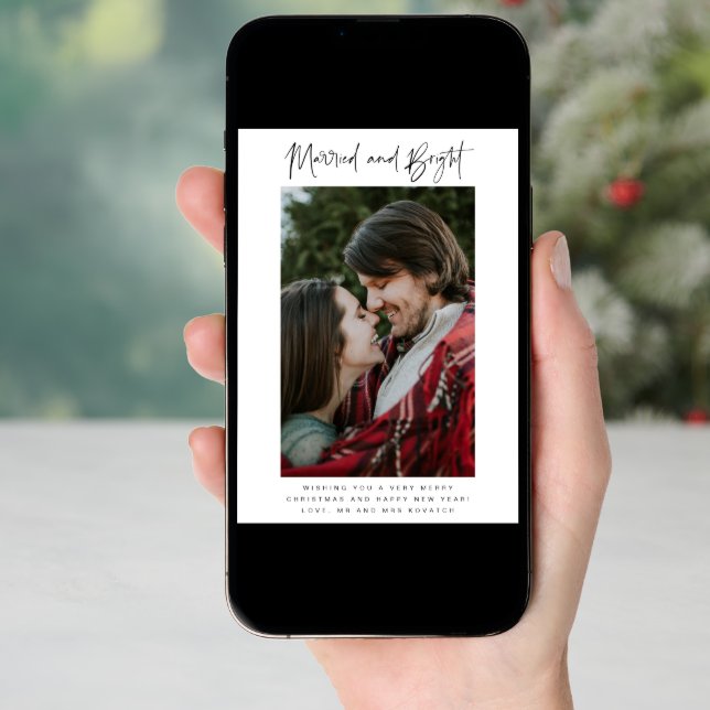Married and Bright Photo Plaid Newlywed Christmas Holiday Card (Front Digital)