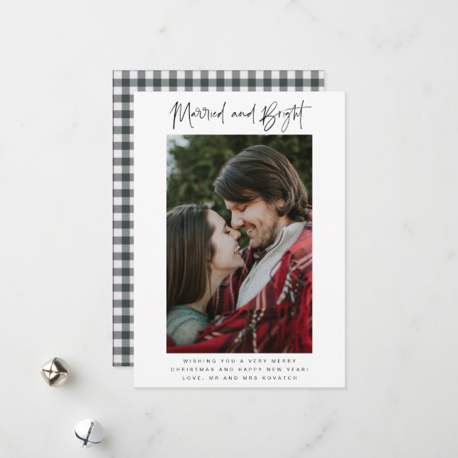 Married and Bright Photo Plaid Newlywed Christmas Holiday Card (Front/Back In Situ)