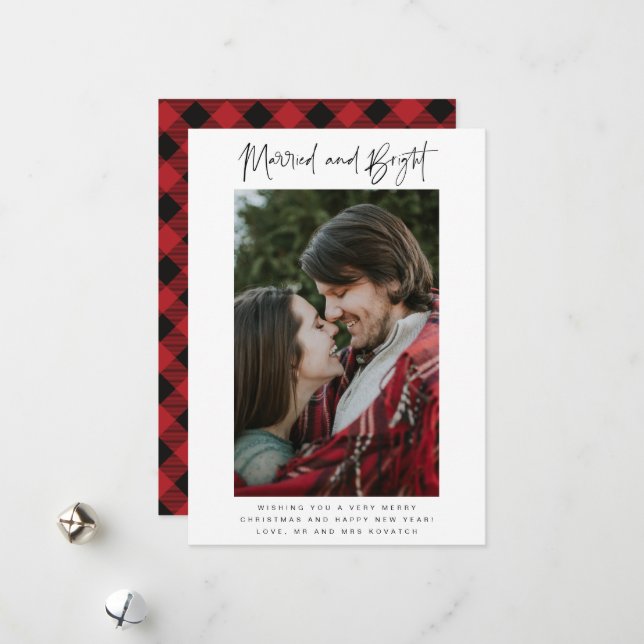 Married and Bright Photo Plaid Newlywed Christmas Holiday Card (Front/Back In Situ)