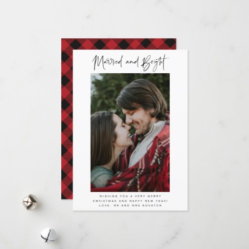 Married and Bright Photo Plaid Newlywed Christmas Holiday Card