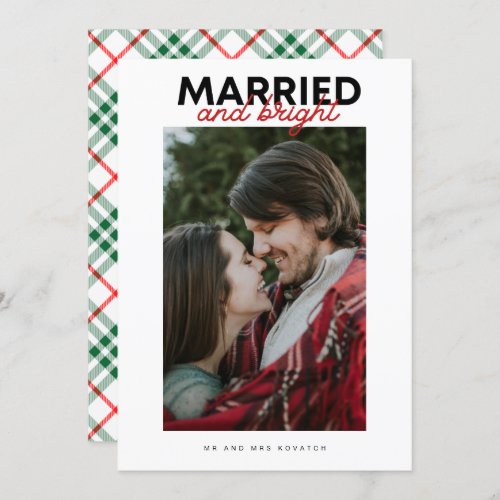 Married and Bright Photo Plaid Newlywed Christmas Holiday Card