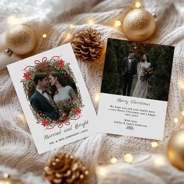 Married and Bright Red Bow Photo Christmas Holiday Card (Creator Uploaded)