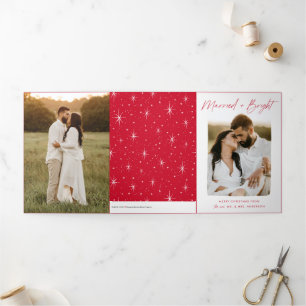 Married and Bright Red Script 4 Photo Tri-Fold Holiday Card