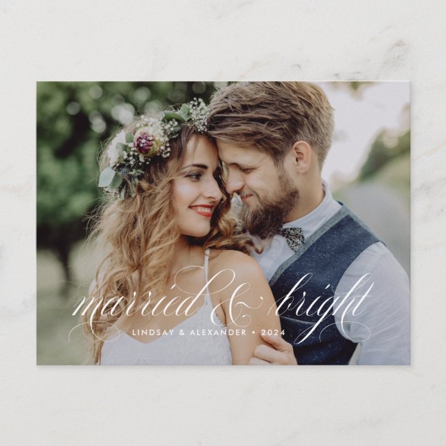 Married and Bright Script Newlywed Holiday Postcard (Front)