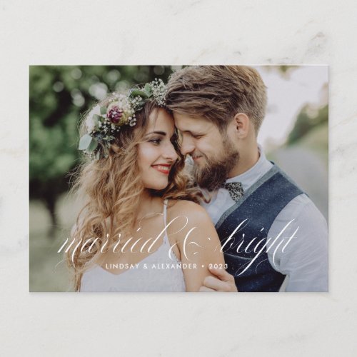 Married and Bright Script Newlywed Holiday Postcard