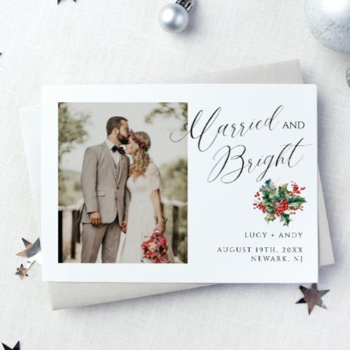 Married and Bright Script  Photo Berry Foliage Holiday Card