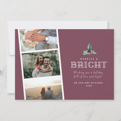 Married and Bright Three Photo Newlywed Christmas Holiday Card