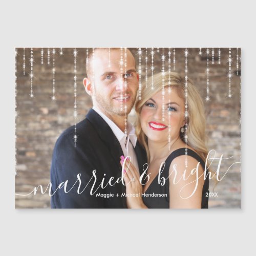 Married and Bright Twinkle Lights Christmas Photo