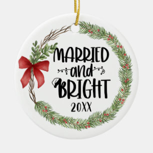 Married and Bright Watercolor Wreath Ceramic Ornament