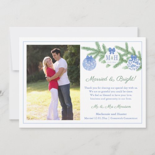 Married And Bright Wedding Thank You Two Photos Holiday Card