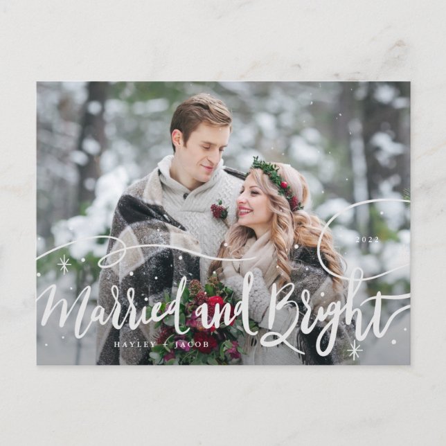 Married and Bright Whimsical Stars Wedding Photo Holiday Postcard (Front)