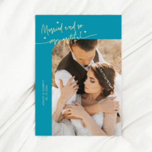 Married and Grateful Wedding Photo Aqua Blue Thank You Card
