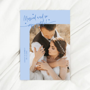 Married and Grateful Wedding Photo Icy Blue Thank You Card