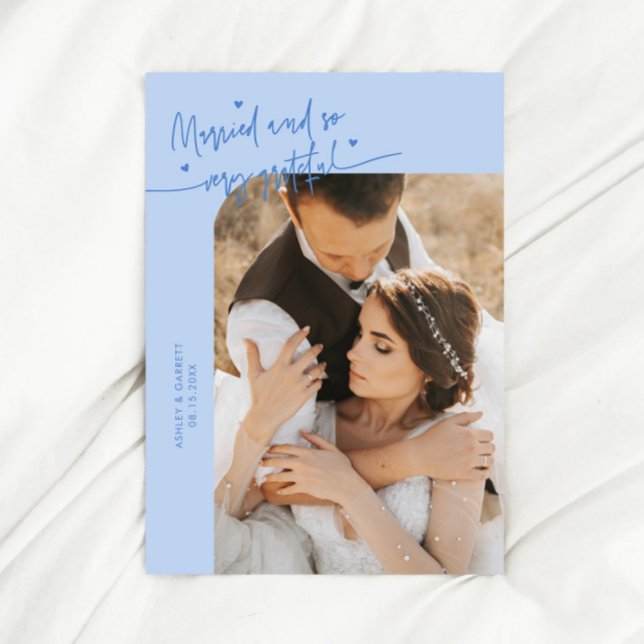 Married and Grateful Wedding Photo Icy Blue Thank You Card (Creator Uploaded)