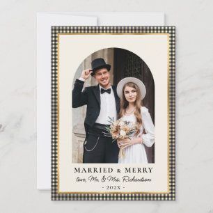 Married and Merry Arch Photo Black Gold Plaid Holiday Card
