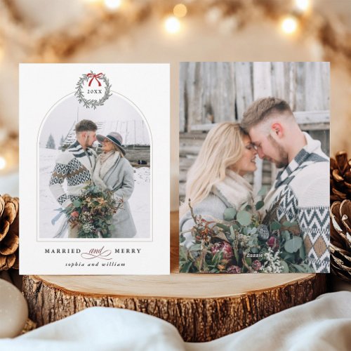 Married and Merry Arched 2 Photo Christmas Holiday Card