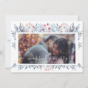 Married and Merry Blue Foliage Holiday Card