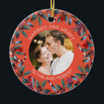Married and Merry Blush Christmas Wreath Newlyweds Ceramic Ornament<br><div class="desc">Romantic ornament for married couple features beautiful Christmas wreath and a bright blush background. Personalize the template with your photograph,  names or custom text. You can change the background color if you like,  just click on "Edit using design tool".</div>