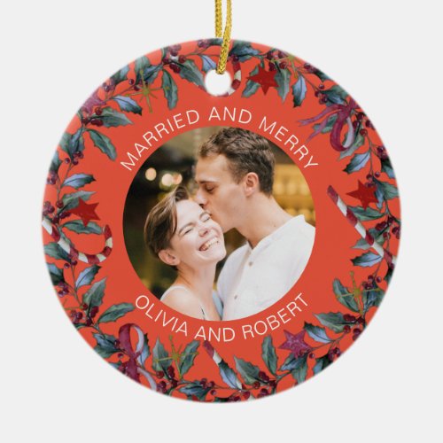 Married and Merry Blush Christmas Wreath Newlyweds Ceramic Ornament