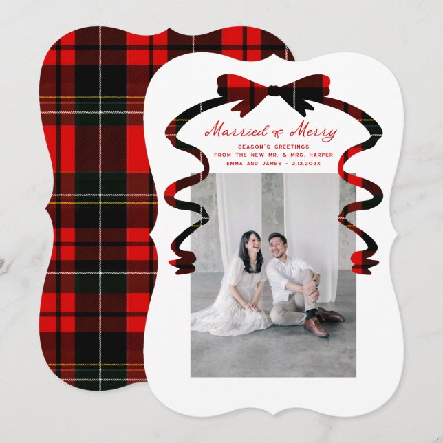 Married and Merry Bow Photo Christmas Newlyweds Holiday Card (Front/Back)