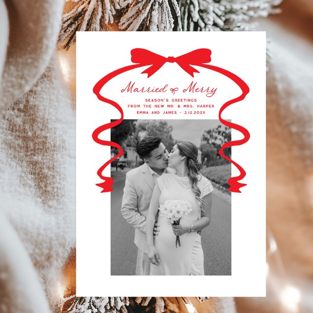 Married and Merry Bow Photo Christmas Newlyweds Holiday Card (Creator Uploaded)