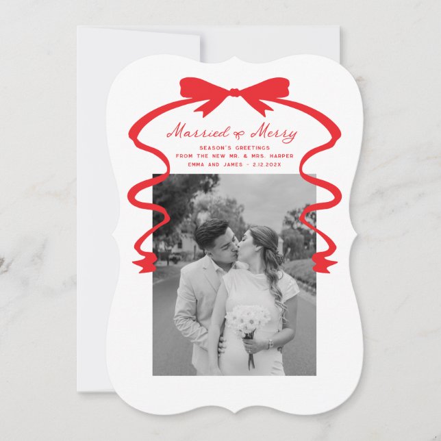 Married and Merry Bow Photo Christmas Newlyweds Holiday Card (Front)