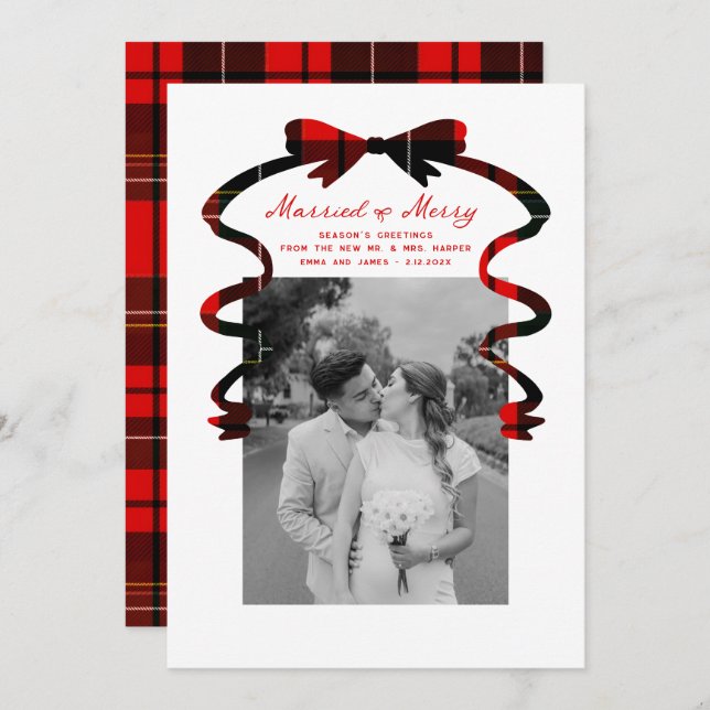 Married and Merry Bow Photo Christmas Newlyweds Holiday Card (Front/Back)