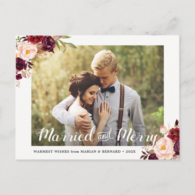 Married and Merry Burgundy Floral Holiday Photo (Front)