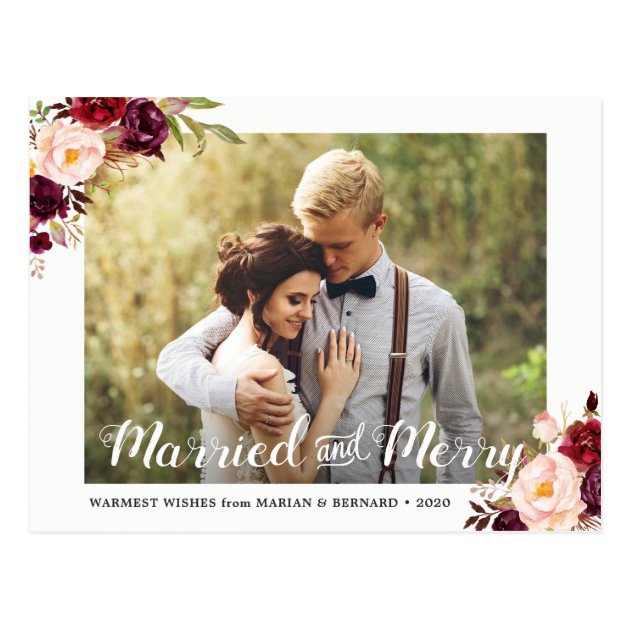 Married And Merry Burgundy Floral Holiday Photo Postcard