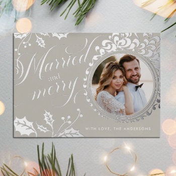 Married And Merry Calligraphy Boho Brown 1 Photo Foil Holiday Card by freshpaperie at Zazzle