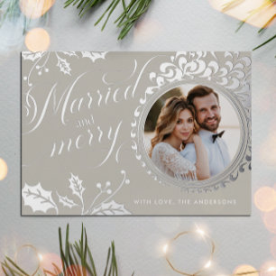 Married and Merry Calligraphy Boho Brown 1 Photo Foil Holiday Card