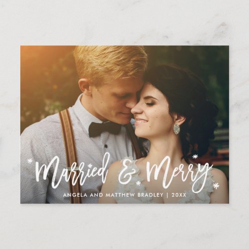 Married and Merry Calligraphy Christmas Photo Postcard