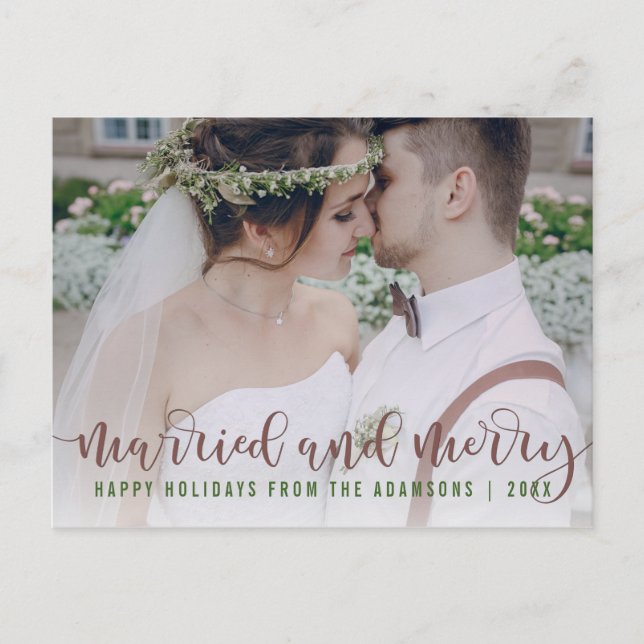 Married and Merry Calligraphy | Newlywed Photo Holiday Postcard (Front)