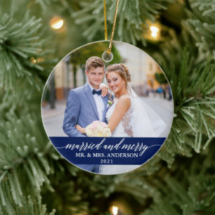 Married and Merry Calligraphy Wedding Blue Ceramic Ornament