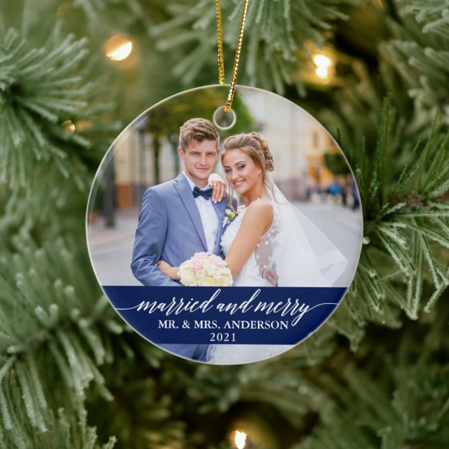 Married and Merry Calligraphy Wedding Blue Ceramic Ornament (Tree)