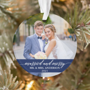 Married and Merry Calligraphy Wedding Blue Ornament