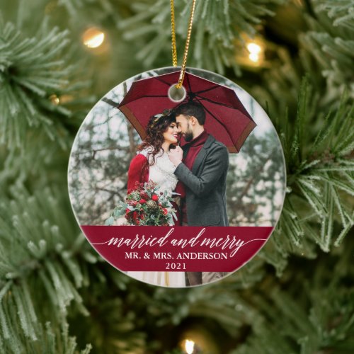 Married and Merry Calligraphy Wedding Burgundy Ceramic Ornament
