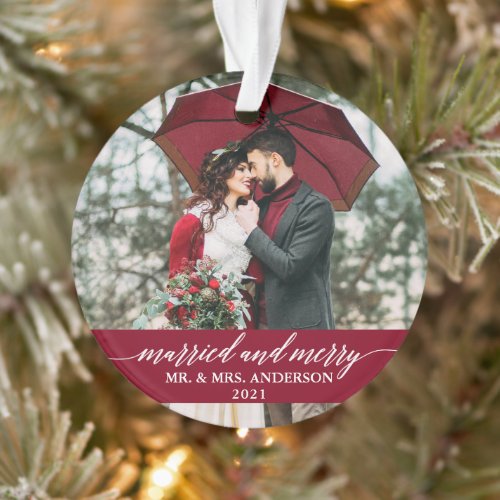 Married and Merry Calligraphy Wedding Burgundy Ornament