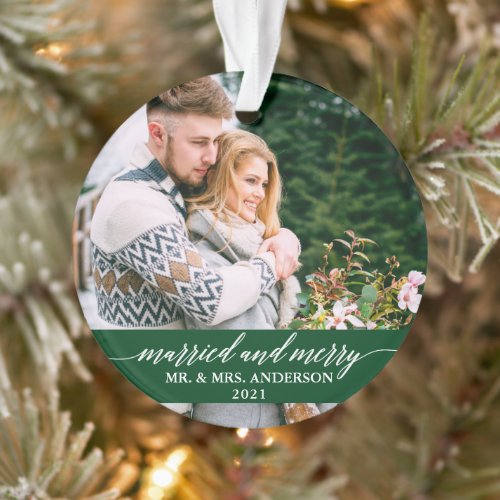 Married and Merry Calligraphy Wedding Green Ornament