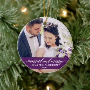 Married and Merry Calligraphy Wedding Purple Ceramic Ornament