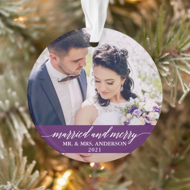 Married and Merry Calligraphy Wedding Purple Ornament (Tree)
