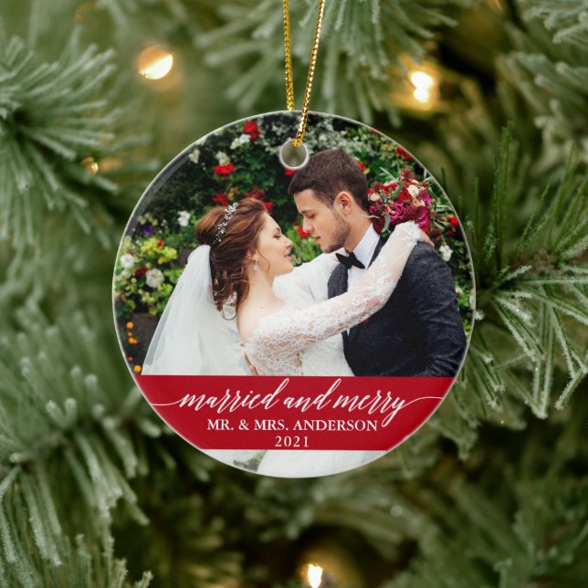 Married and Merry Calligraphy Wedding Red Ceramic Ornament (Tree)
