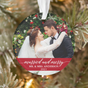 Married and Merry Calligraphy Wedding Red Ornament