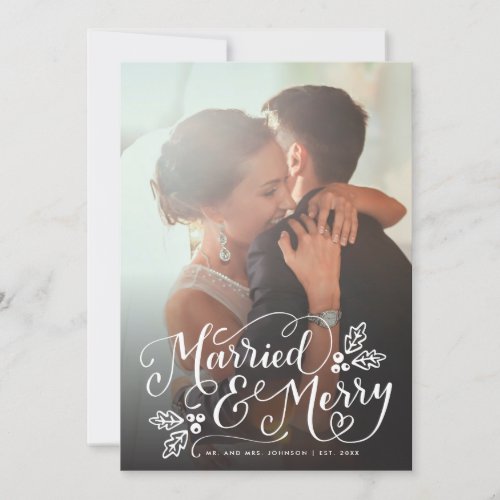 Married and Merry Chic Hand Lettered Photo Plaid Holiday Card