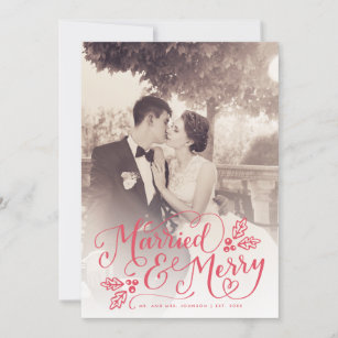 Married and Merry Chic Hand Lettered Photo Red Holiday Card