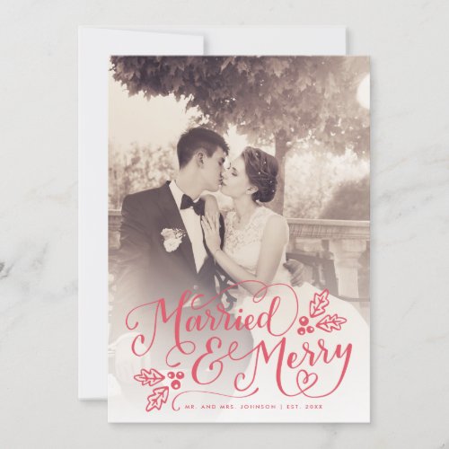 Married and Merry Chic Hand Lettered Photo Red Holiday Card